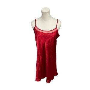 Enchanting Red Satin Slip Mini Dress Lingerie Mesh Trim Size Large